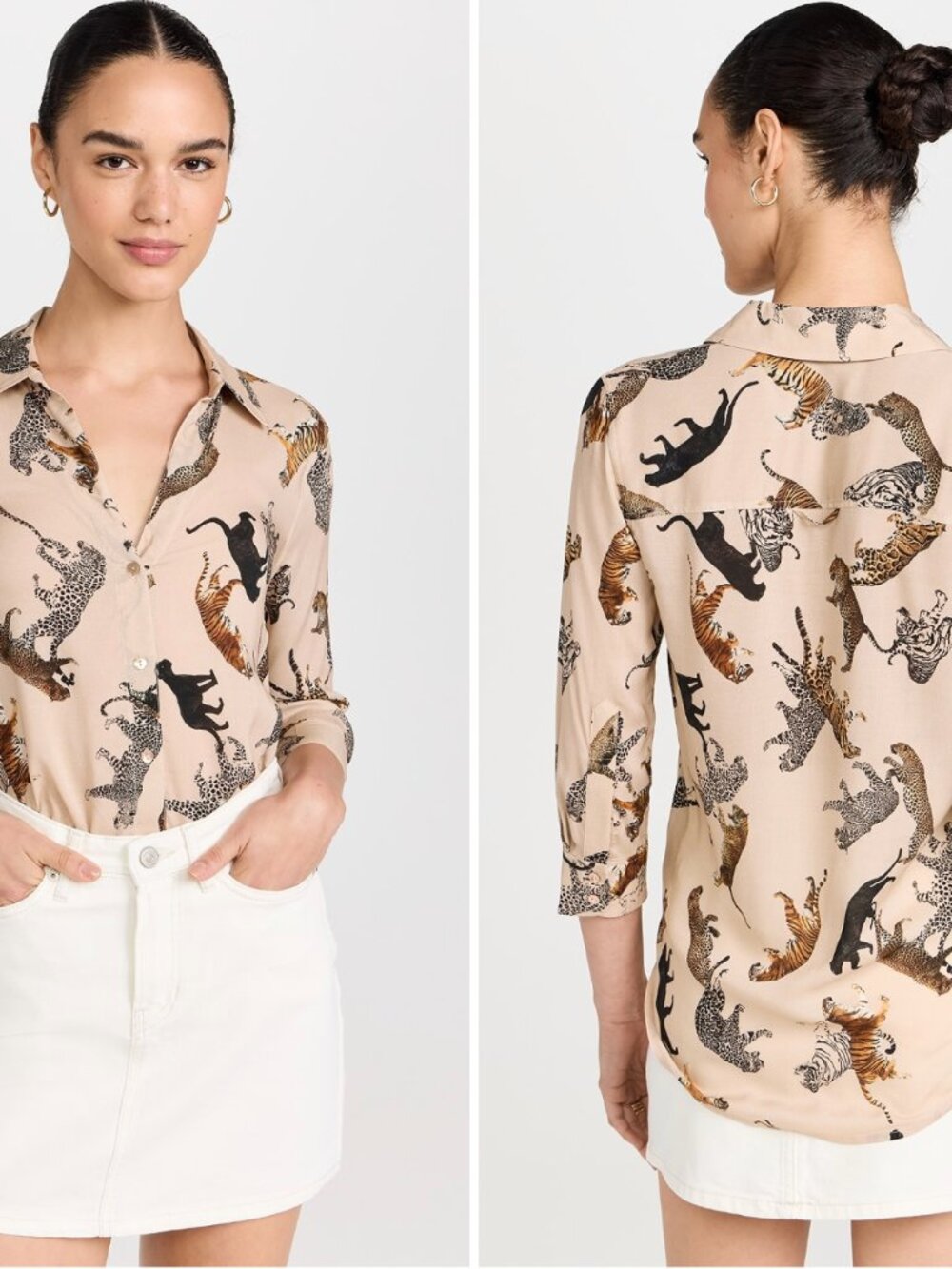 L'AGENCE Camille 3/4 sleeve blouse, taupe multi mix tiger print - Picture 3 of 10